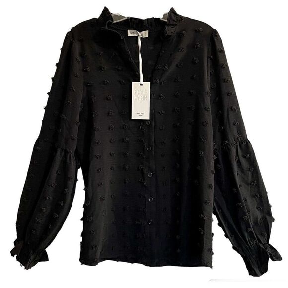 Grace Karin Swiss Dot Blouse Women’s Size Small Black Long Sleeve Ruffle… - Picture 1 of 9